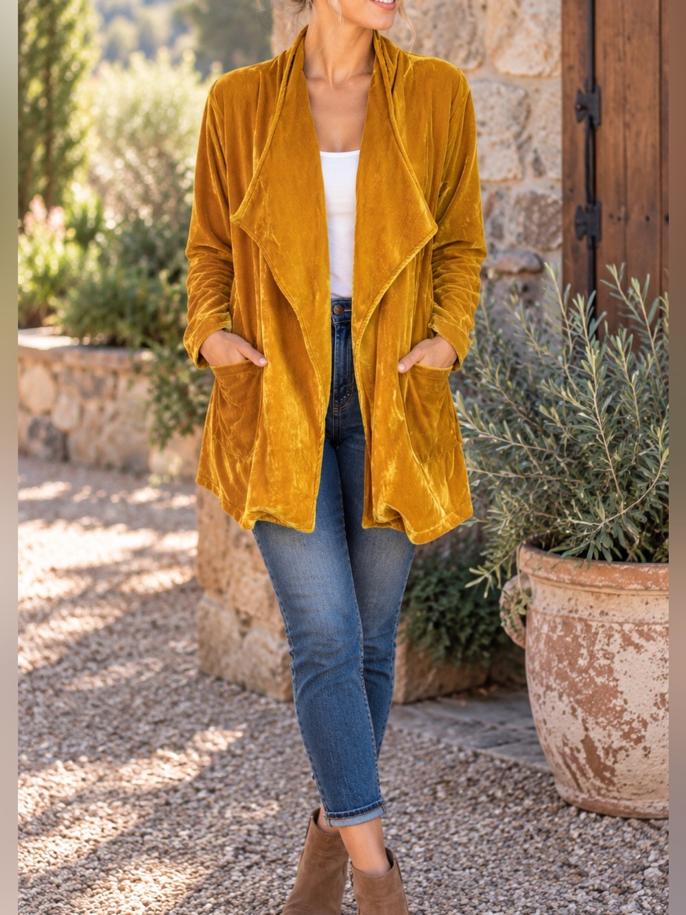 Amaryllis Mustard Gold Velvet Open Front Drape Cardigan Jacket Boho Size S